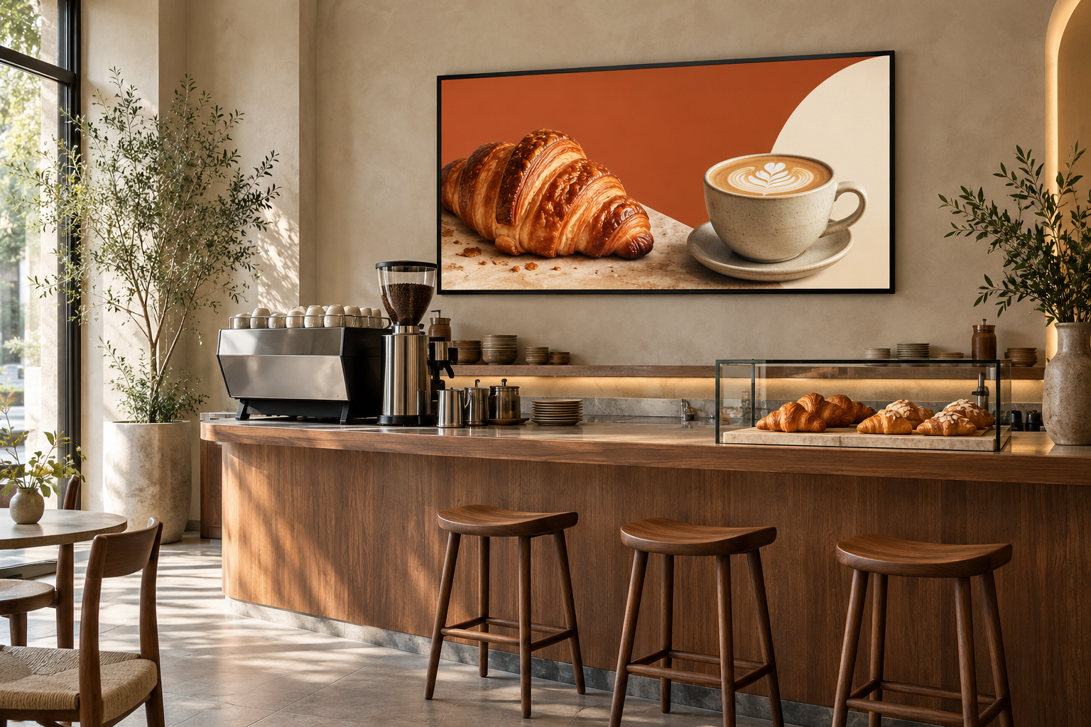 AI-created illustration of a café with a landscape digital menu display