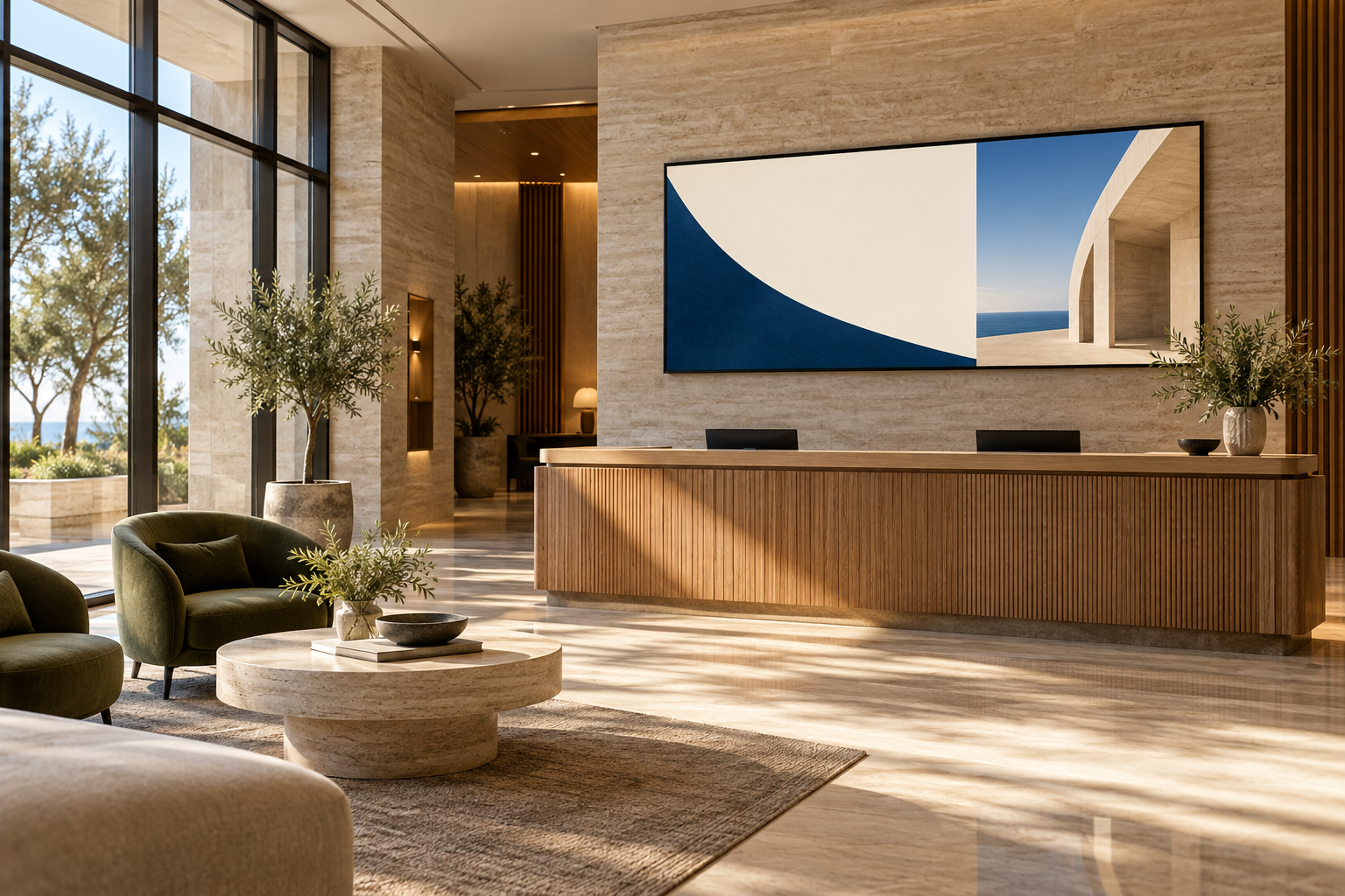 Illustrative hotel lobby with a digital welcome display