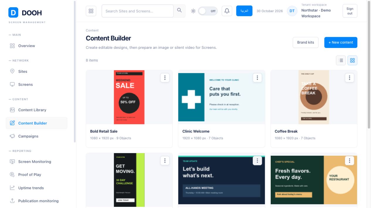 Actual Content Builder grid showing editable demo designs