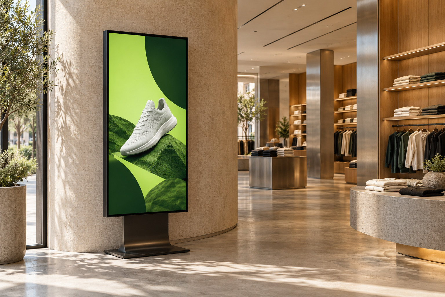 AI-created illustration of a fashion store with a portrait promotional display